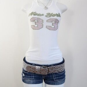 y2k new york 33 graphic tank white ribbed varsity leopard baby tee size XS